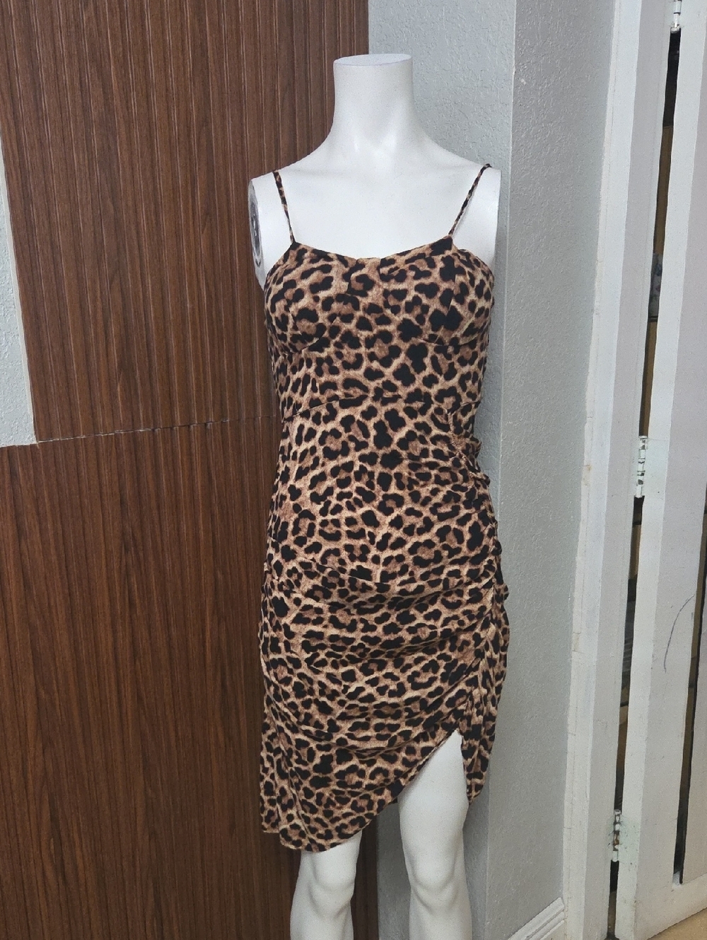 Leopard Print Spaghetti Strap Mini Dress in Brown 9k.small Sz